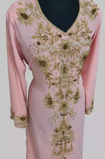 Elegant Peach georgette kaftan gown with golden zari work With hijab.