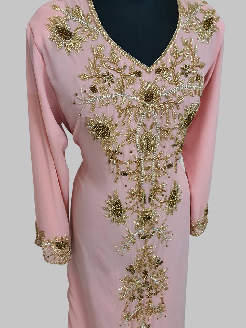 Elegant Peach georgette kaftan gown with golden zari work With hijab.