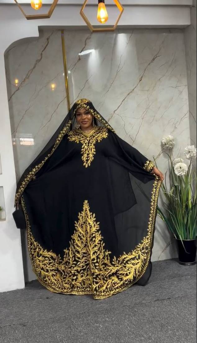 New Black Aari-Embroidered Abaya With gold detailed work for women's 