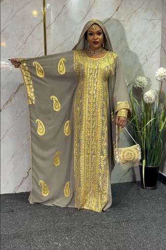 New Grey Aari-Embroidered Abaya With gold detailed work for women's 