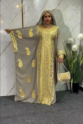 New Grey Aari-Embroidered Abaya With gold detailed work for women's 