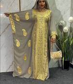 New Grey Aari-Embroidered Abaya With gold detailed work for women's 