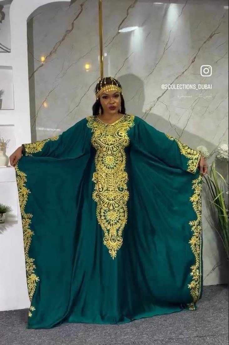 New Dark-Green Aari-Embroidered Abaya With gold detailed work for women's 