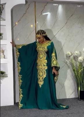 New Dark-Green Aari-Embroidered Abaya With gold detailed work for women's  4