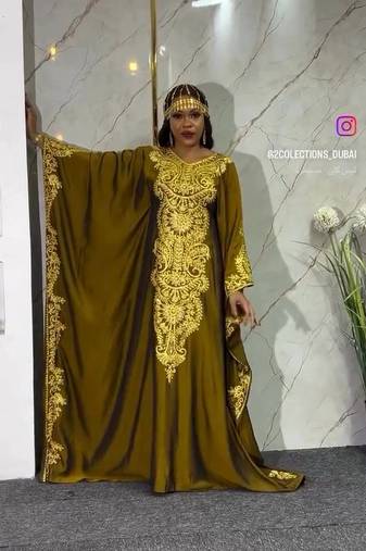 New Dark-Brown Aari-Embroidered Abaya With gold detailed work for women's 