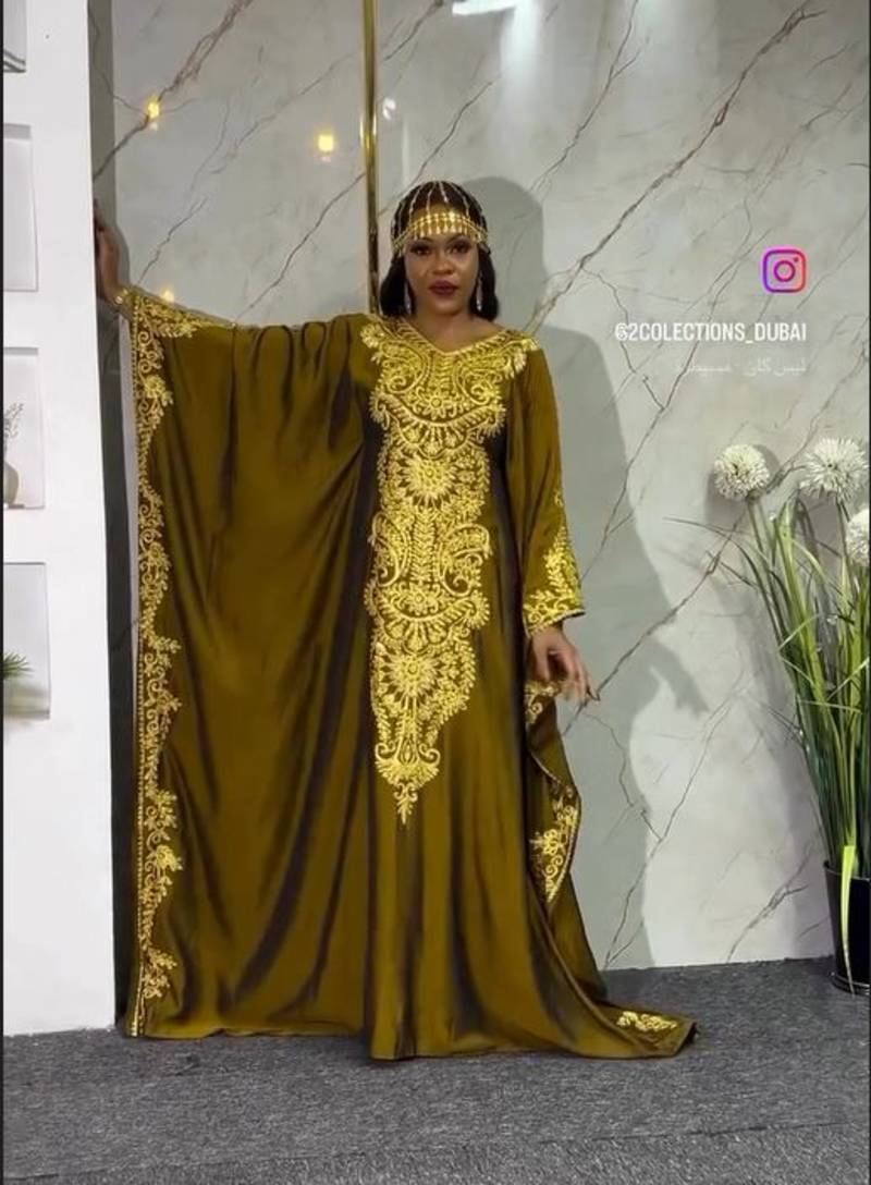 New Dark-Brown Aari-Embroidered Abaya With gold detailed work for women's 