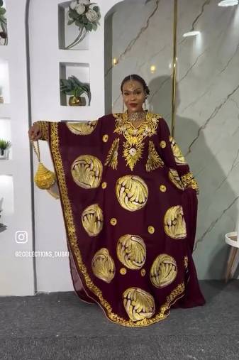 New Wine Aari-Embroidered Abaya With gold detailed work for women's 