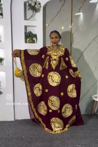 New Wine Aari-Embroidered Abaya With gold detailed work for women's 