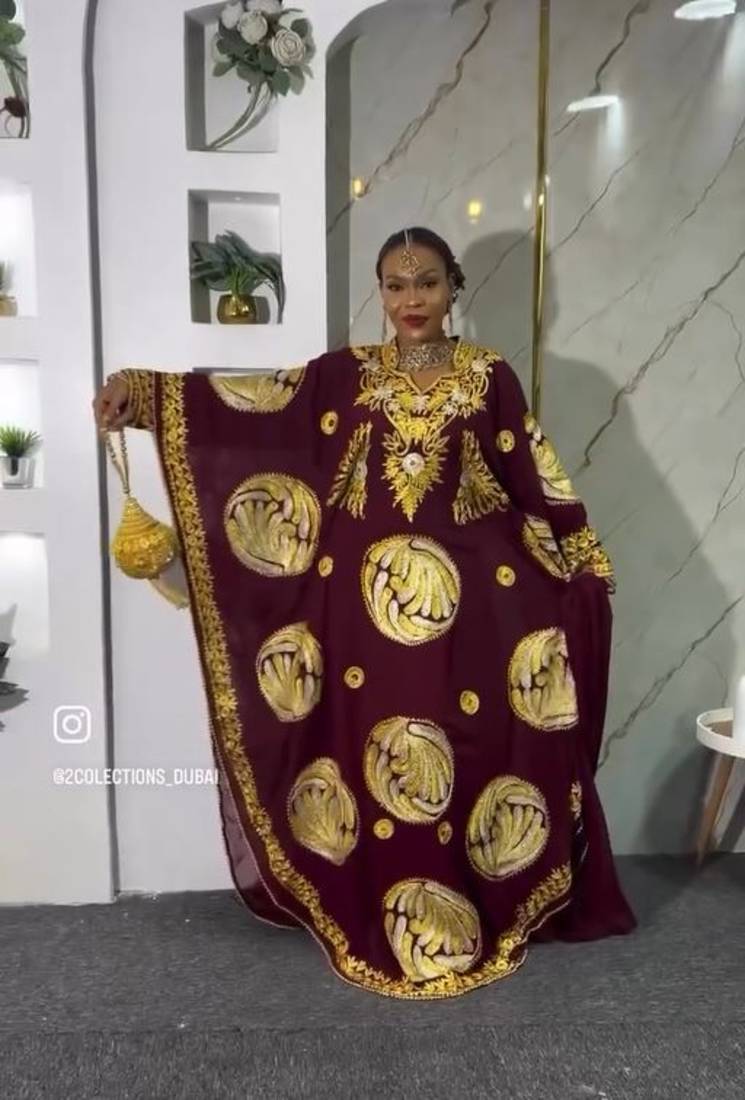 New Wine Aari-Embroidered Abaya With gold detailed work for women's 