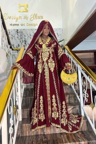 New Wine Aari-Embroidered Abaya With gold detailed work for women's 