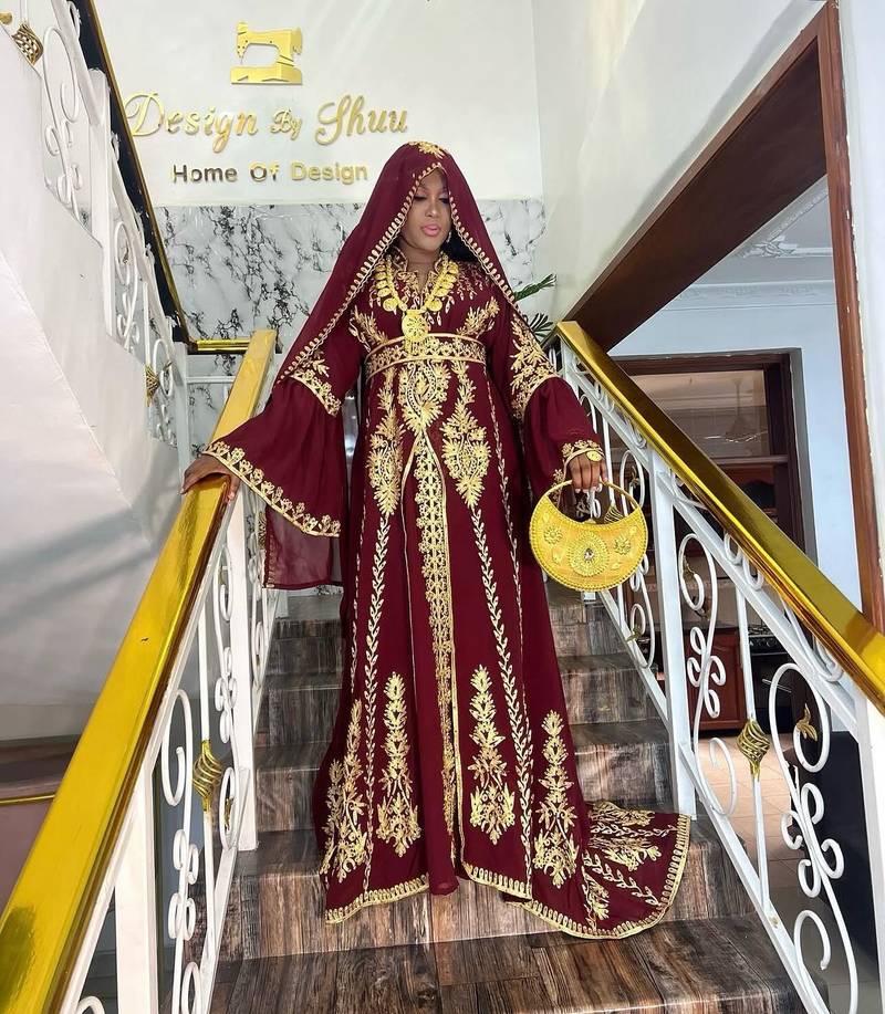 New Wine Aari-Embroidered Abaya With gold detailed work for women's 