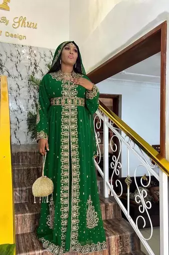 New green Aari-Embroidered Abaya With gold detailed work for women's 