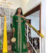 New green Aari-Embroidered Abaya With gold detailed work for women's 