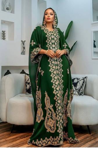 New green Aari-Embroidered Abaya With gold detailed work for women's 