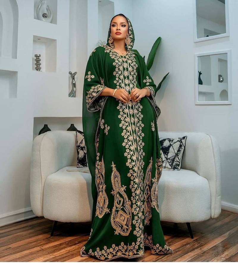 New green Aari-Embroidered Abaya With gold detailed work for women's 