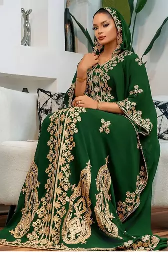 New green Aari-Embroidered Abaya With gold detailed work for women's 