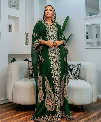 New green Aari-Embroidered Abaya With gold detailed work for women's  5