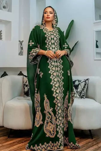 New green Aari-Embroidered Abaya With gold detailed work for women's 