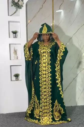 New green Aari-Embroidered Abaya With gold detailed work for women's 