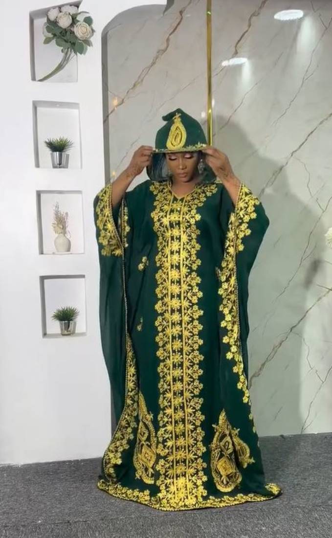 New green Aari-Embroidered Abaya With gold detailed work for women's 