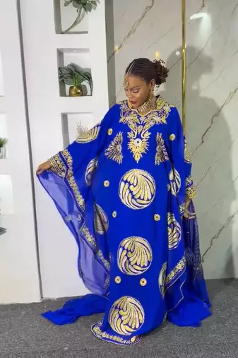 New BLUE Aari-Embroidered Abaya With gold detailed work for women's 