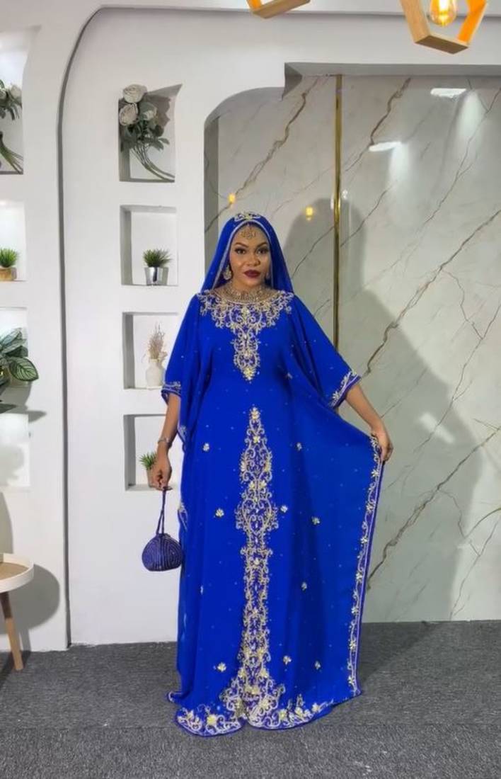 New BLUE Aari-Embroidered Abaya With gold detailed work for women's 