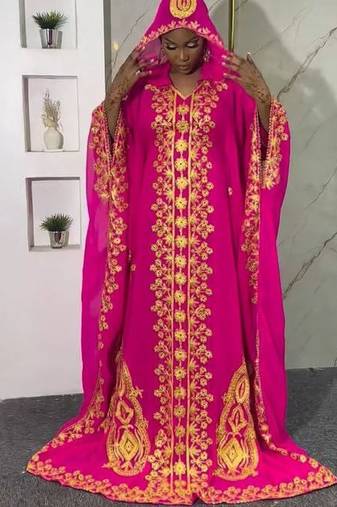 New Hot-Pink Zari-Embroidered Abaya With gold detailed work for women's 
