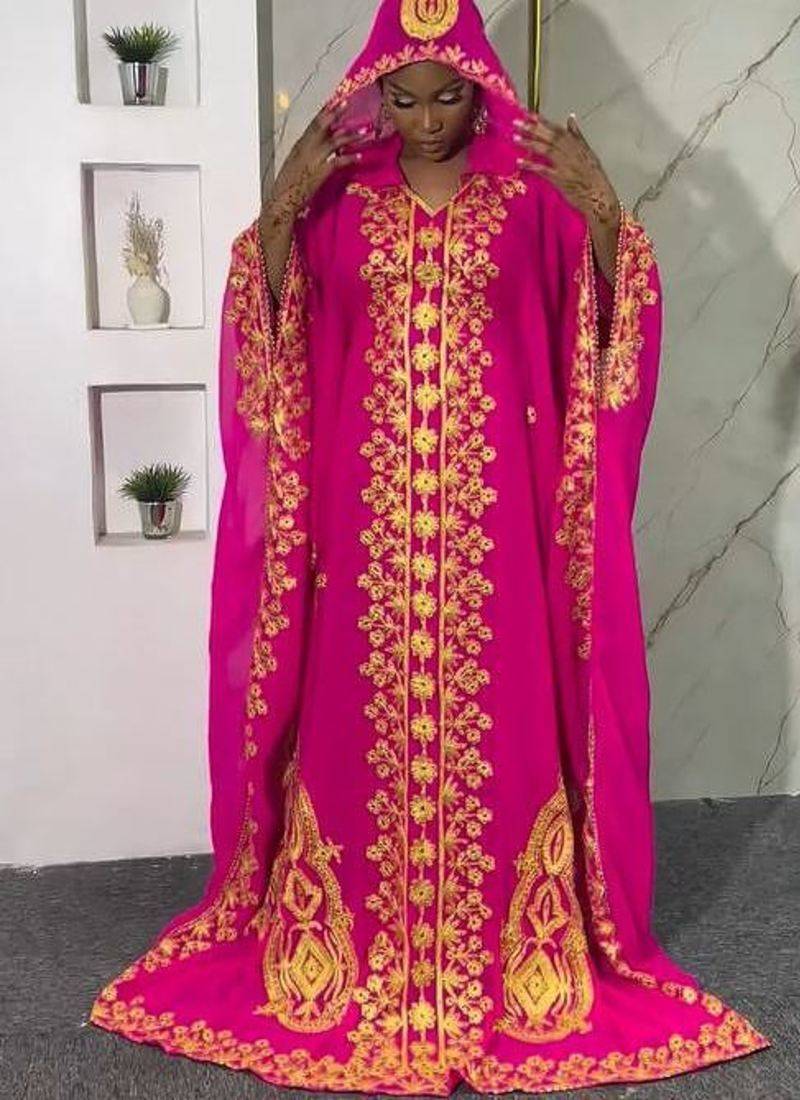 New Hot-Pink Zari-Embroidered Abaya With gold detailed work for women's 