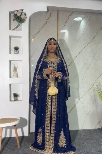 New Navy-Blue Zari-Embroidered Abaya With gold detailed work for women's 