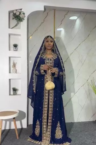New Navy-Blue Zari-Embroidered Abaya With gold detailed work for women's 