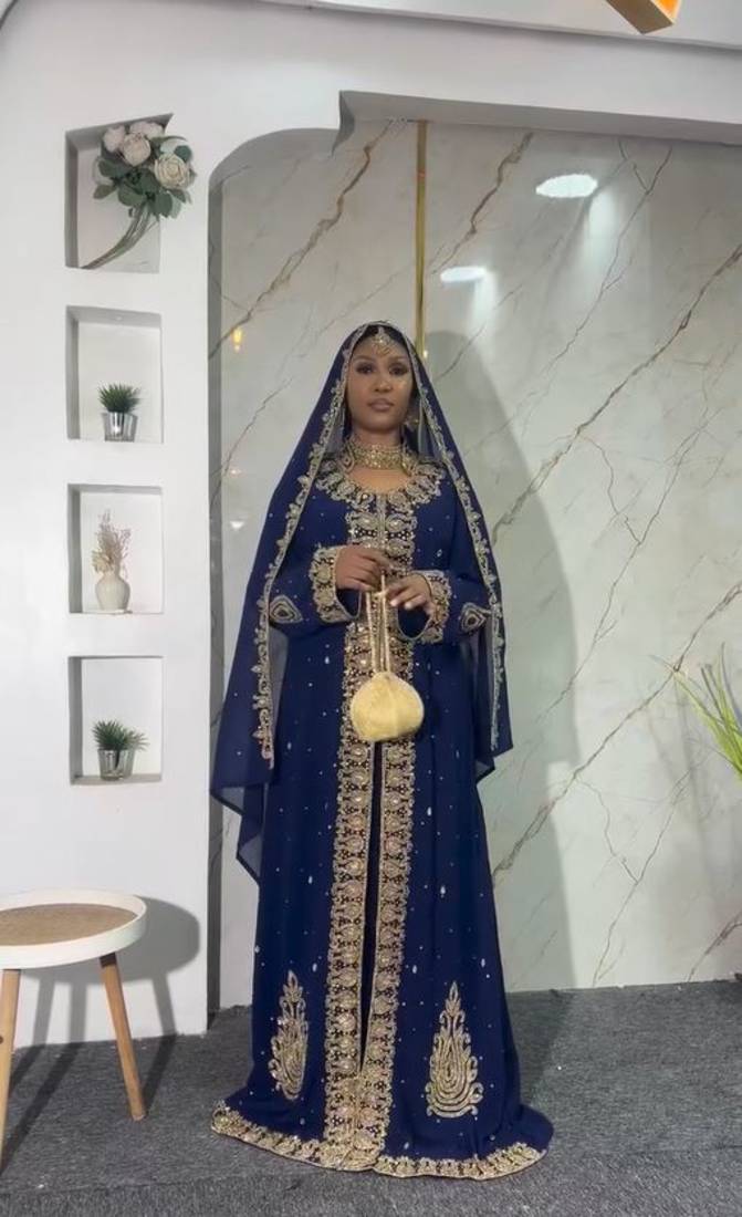 New Navy-Blue Zari-Embroidered Abaya With gold detailed work for women's 