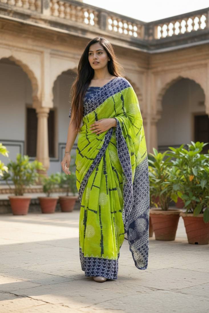 Green color jaipur block print designer saree with blouse