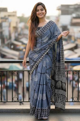 grey cotton block print saree with black blouse
