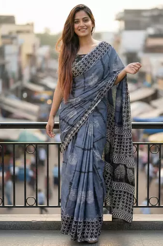 Grey color jaipur block print designer saree with blouse