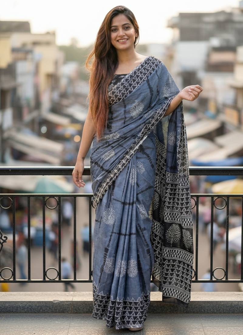 Grey color jaipur block print designer saree with blouse