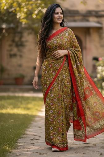 Mehendi color jaipur block print designer saree with blouse