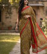 Mehendi color jaipur block print designer saree with blouse