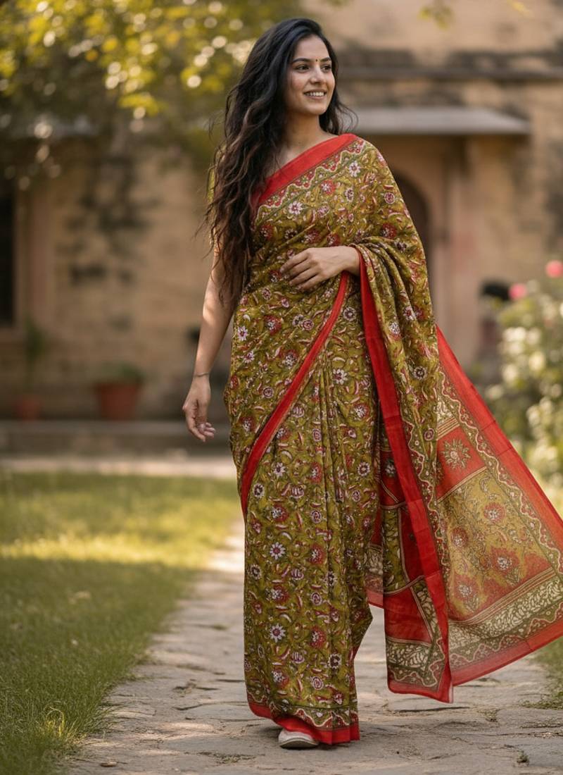 Mehendi color jaipur block print designer saree with blouse