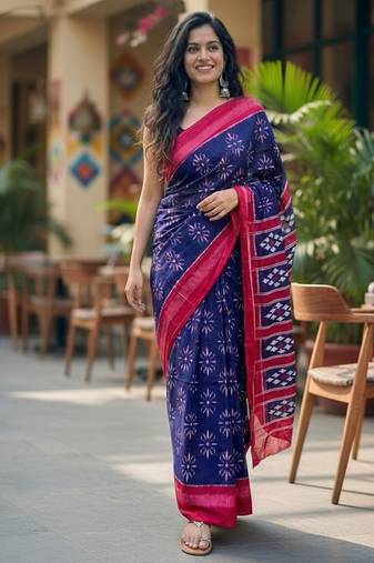 Blue color jaipur block print designer saree with blouse