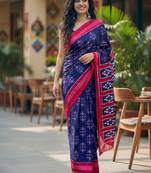 Blue color jaipur block print designer saree with blouse