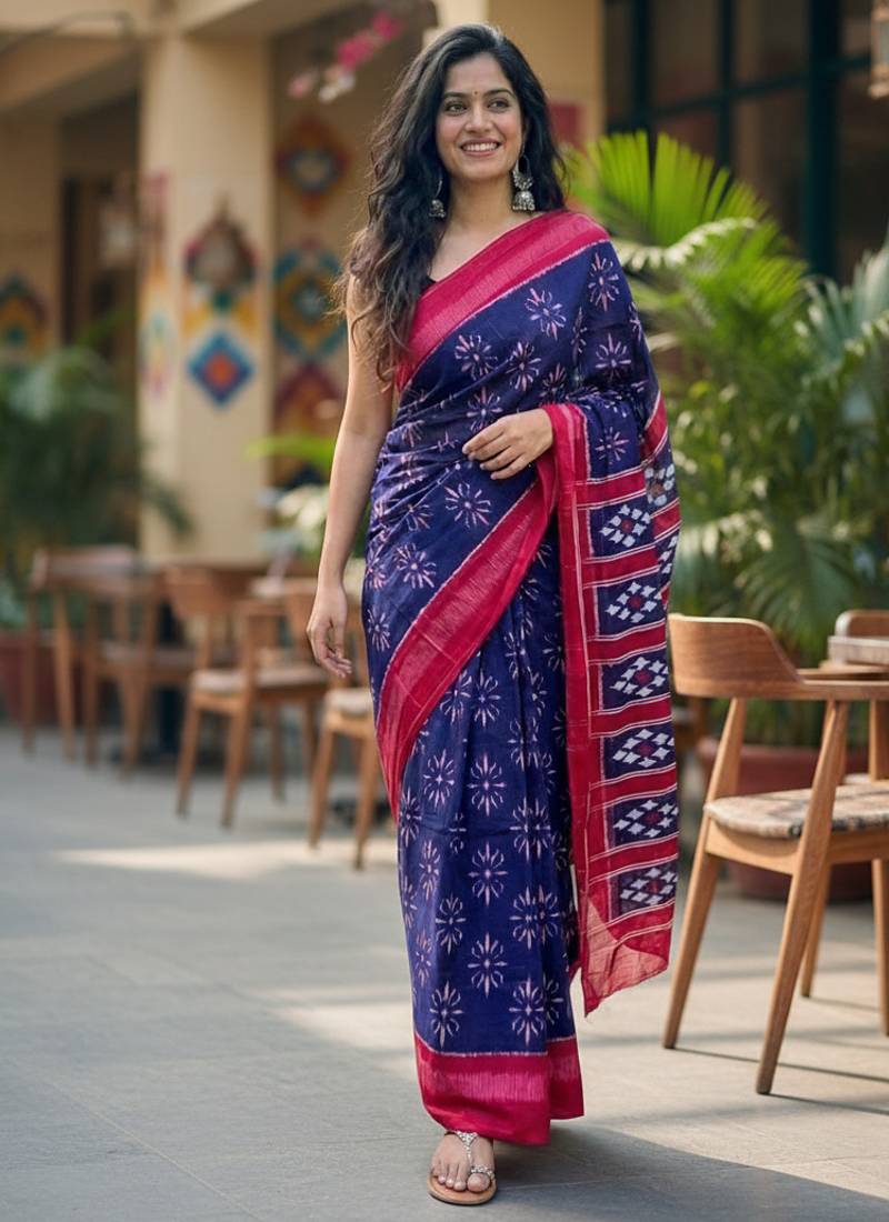 Blue color jaipur block print designer saree with blouse