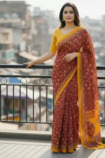 Red color jaipur block print designer saree with blouse