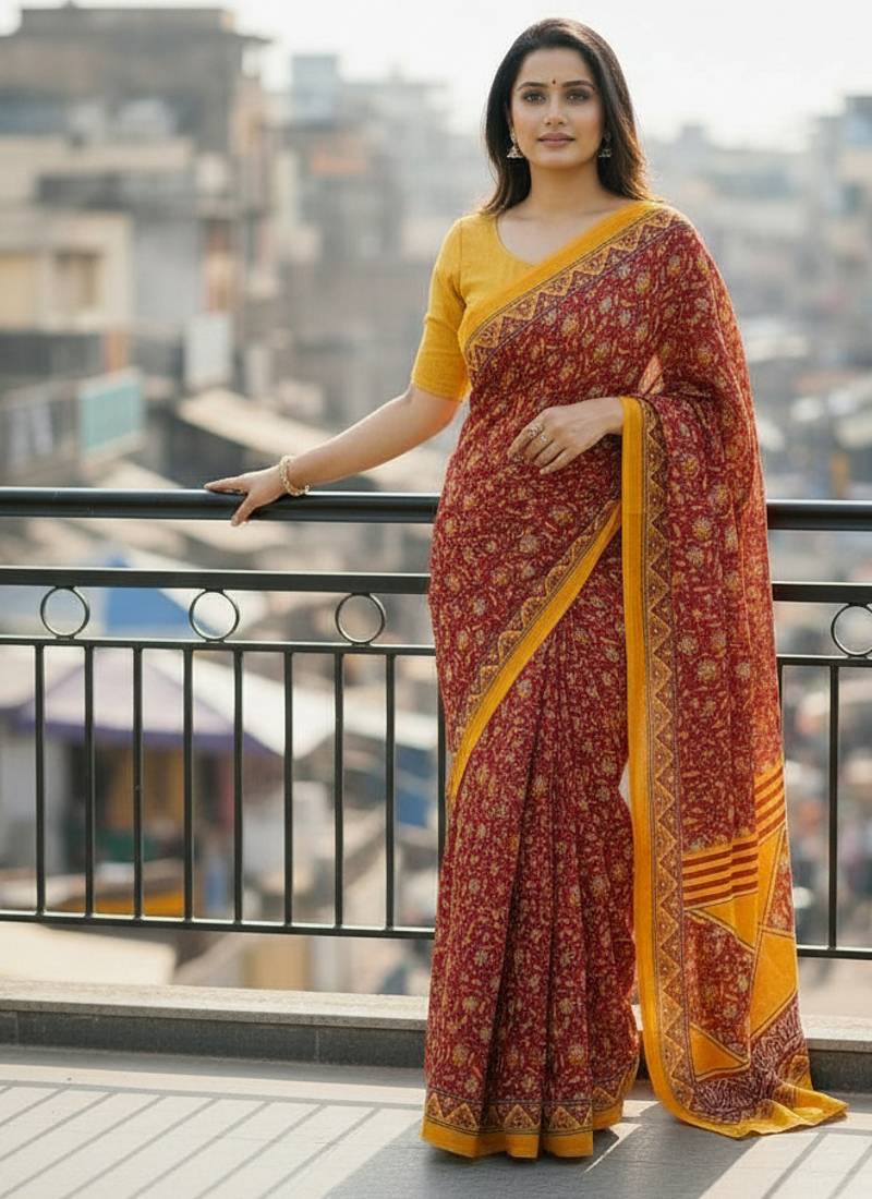 Red color jaipur block print designer saree with blouse