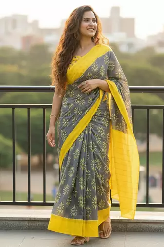 Grey color jaipur block print designer saree with blouse
