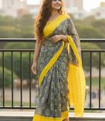 grey cotton jaipur block-print designer saree