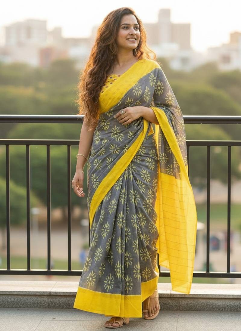 grey cotton jaipur block-print designer saree