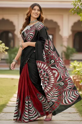 Black color bagru fancy hand printed designer saree with blouse