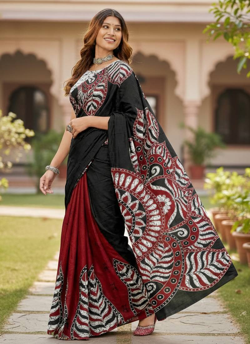 Black color bagru fancy hand printed designer saree with blouse