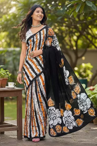 Black color bagru fancy hand printed designer saree with blouse