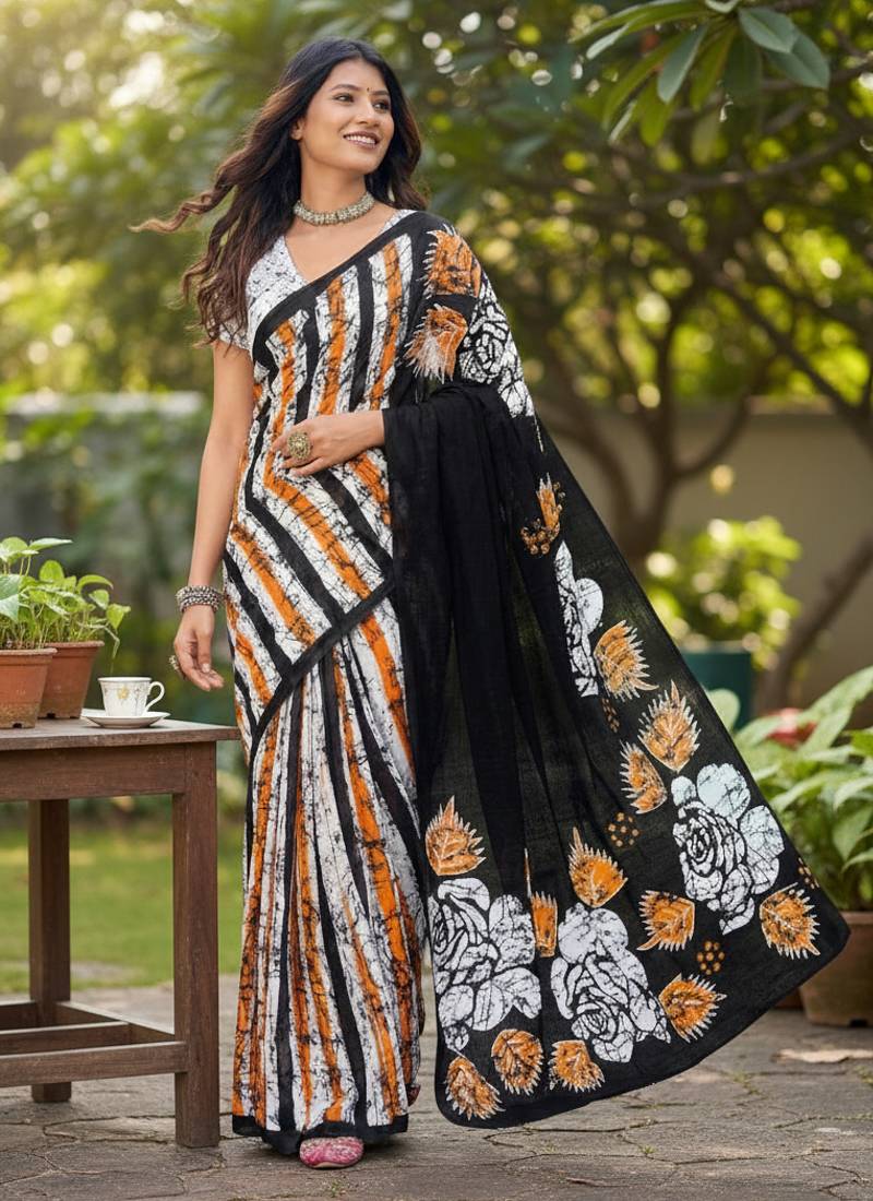 Black color bagru fancy hand printed designer saree with blouse